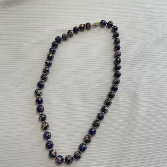 VTG Chinese Export Blue Pink Flower Cloisonne Beaded Necklace Gold Vermeil Clasp - Picture 4 of 7